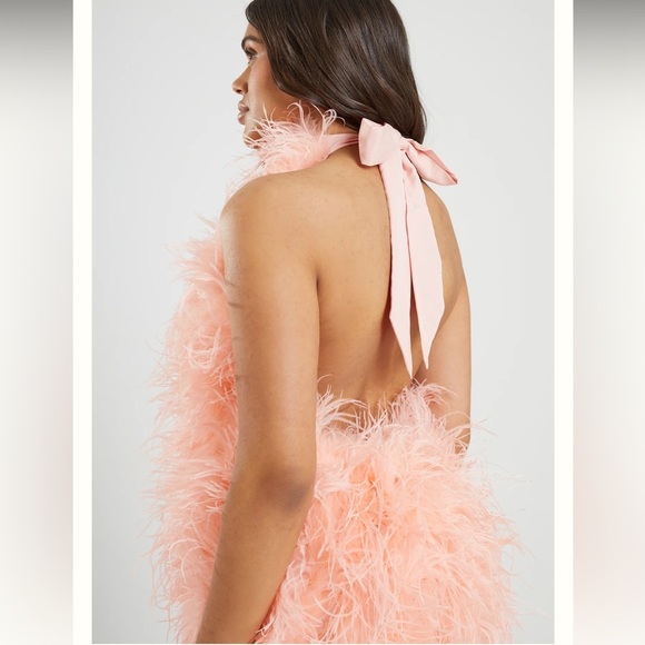 SAFFIYYAH PAUL Ostrich Feather Peach High Neck Open Back Mini Dress M/L - Picture 13 of 16